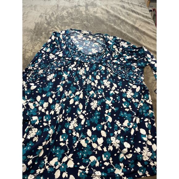 Woman Within 3X Tunic Blue Floral‎ roundneck 3/4 Sleeve Stretch Knit Pullover - Picture 1 of 7